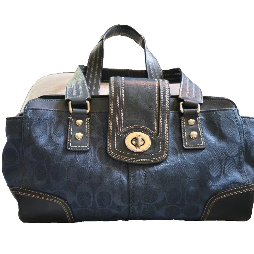 COACH Y2K Hamptons Blue Logo C Jacquard Satchel Shoulder Bag Turnlock Silver